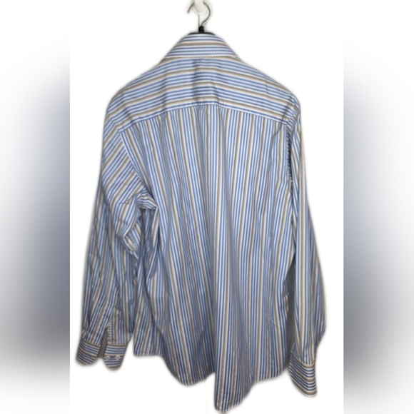 Bugatchi Long Sleeve, Button Down Shirt. Blue/tan/white Stripe. Lg, Cotton - Picture 2 of 9